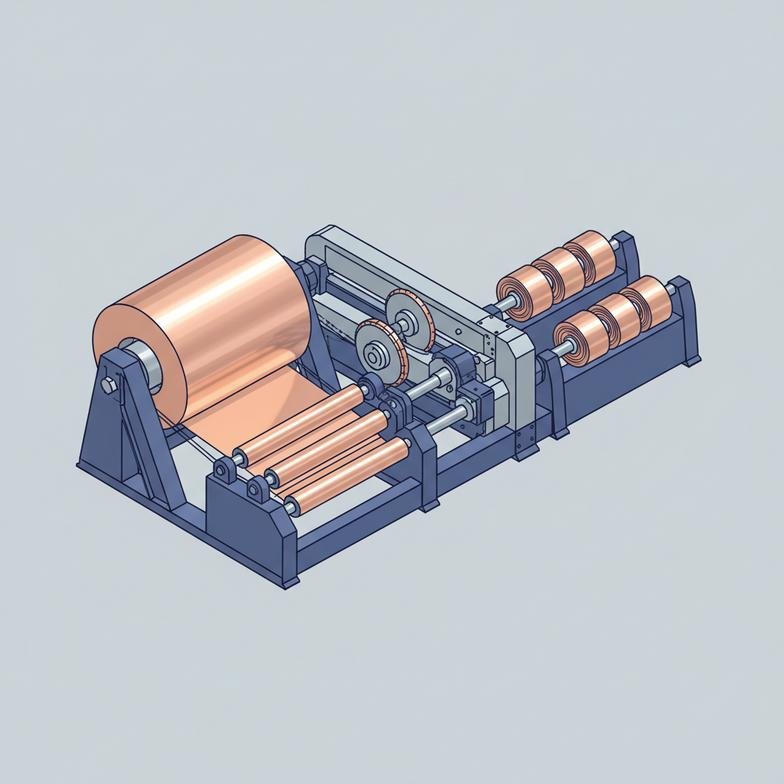 A close-up of a copper foil slitting machine in operation, showing the shiny foil moving through rollers.