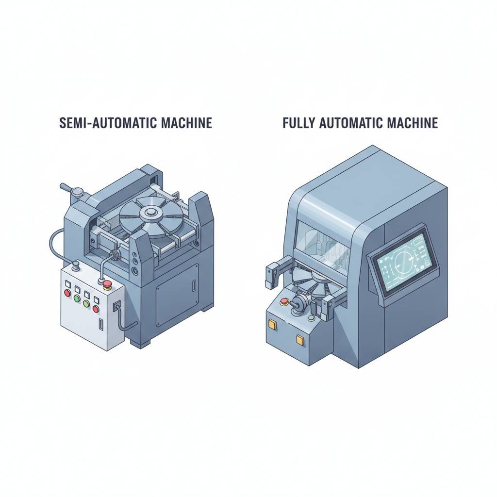 A semi-automatic slitter requiring manual adjustment next to a fully automatic slitter with a touch screen control panel