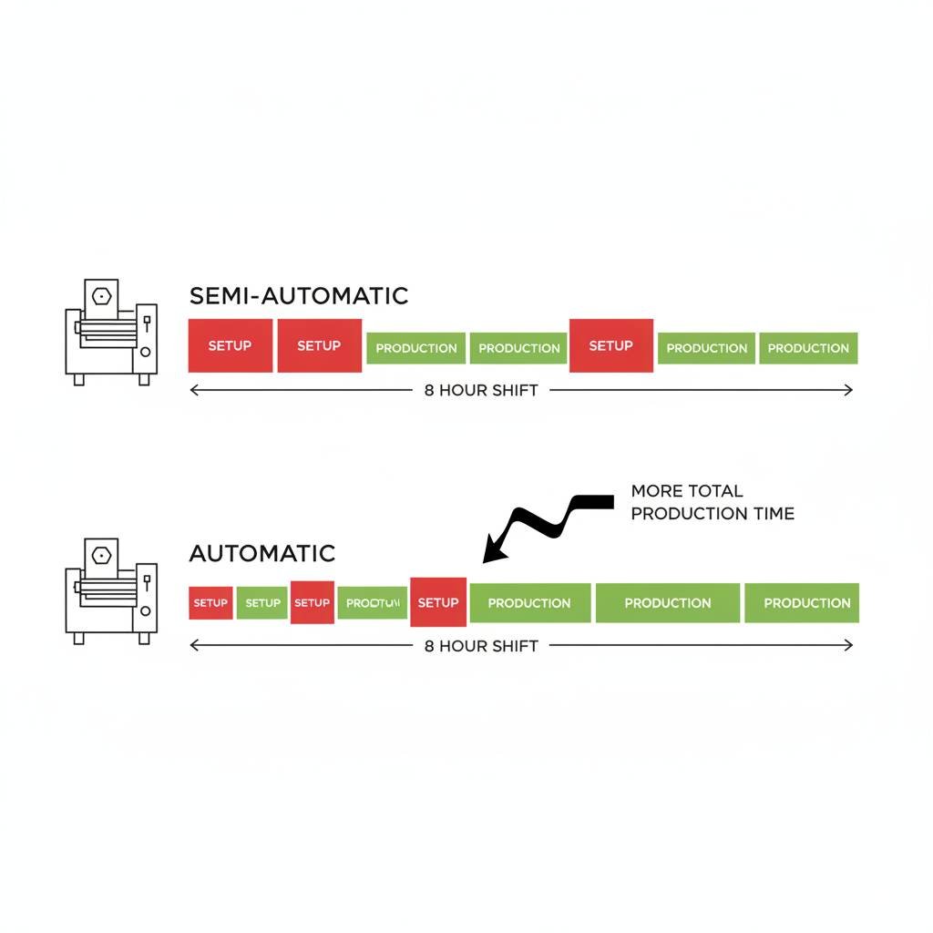 A diagram showing how frequent, long changeovers reduce total production time despite high running speed