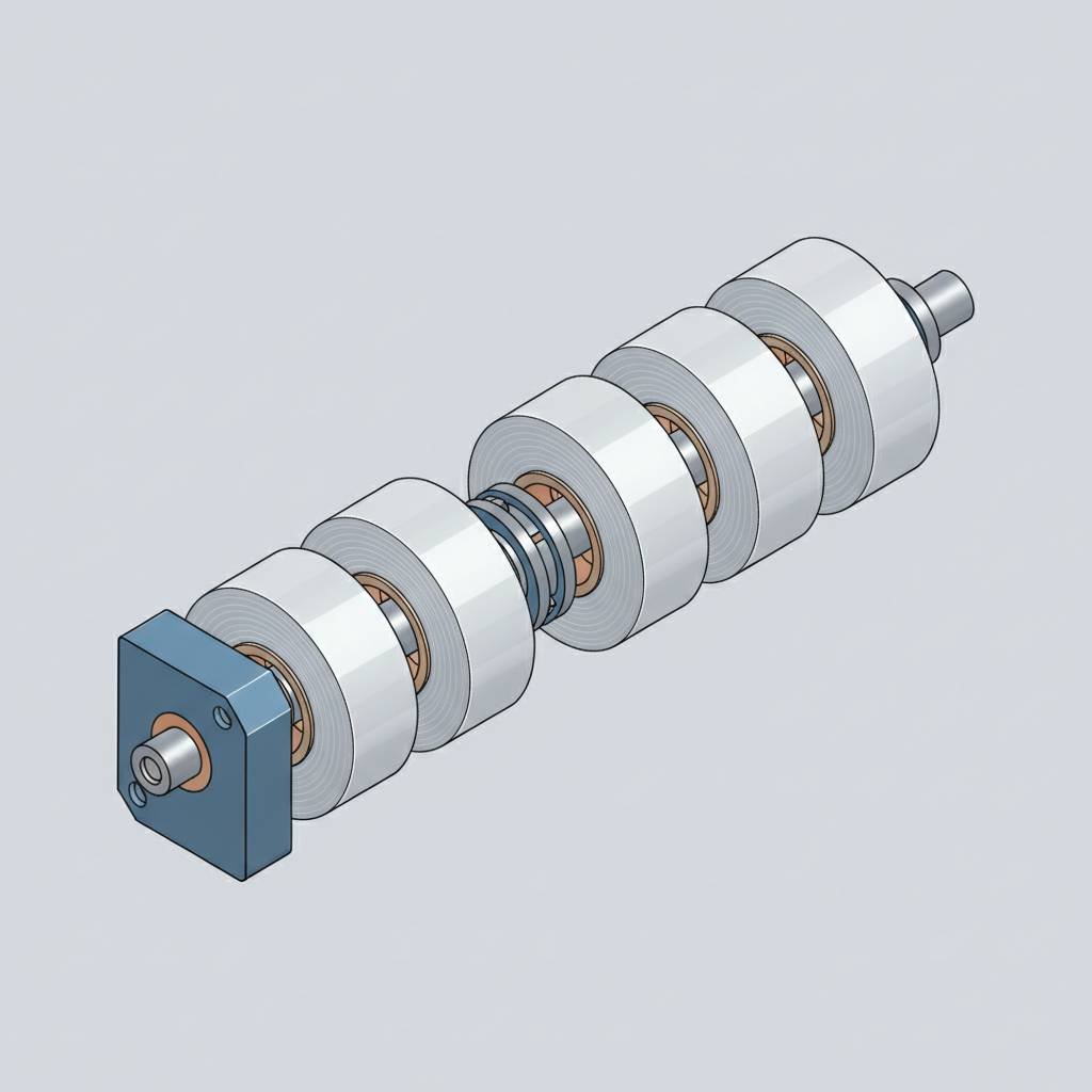 A finished set of high-quality BOPP tape rolls on a differential rewinding shaft.