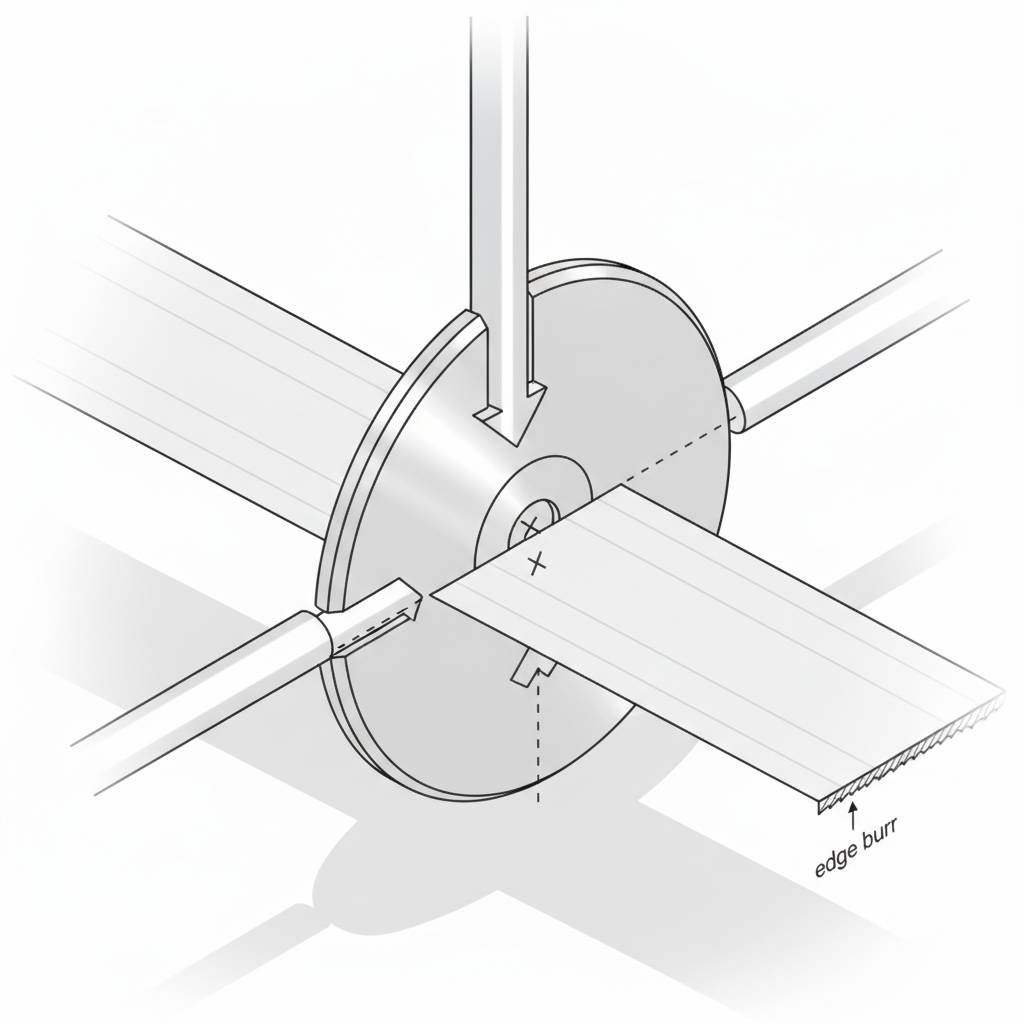 A close-up of a slitting machine's shear cutting blades showing the top and bottom knives.