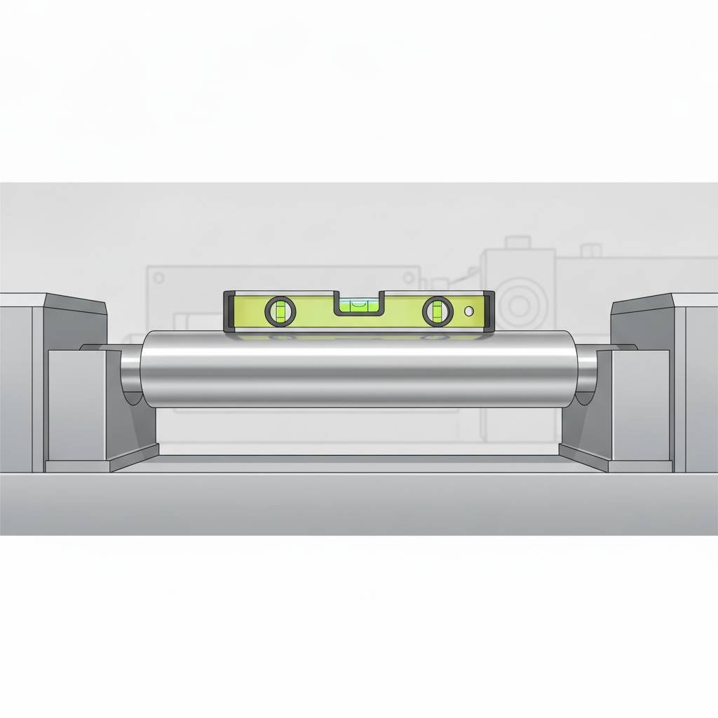 Illustration showing a spirit level being used to check the alignment of a roller on a slitting machine