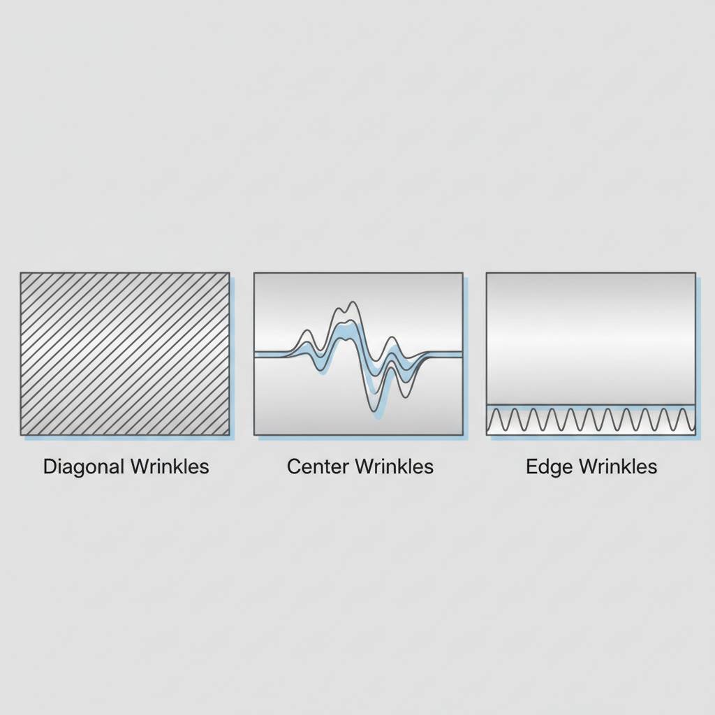 Diagram showing different types of web wrinkles: diagonal, center, and edge wrinkles.