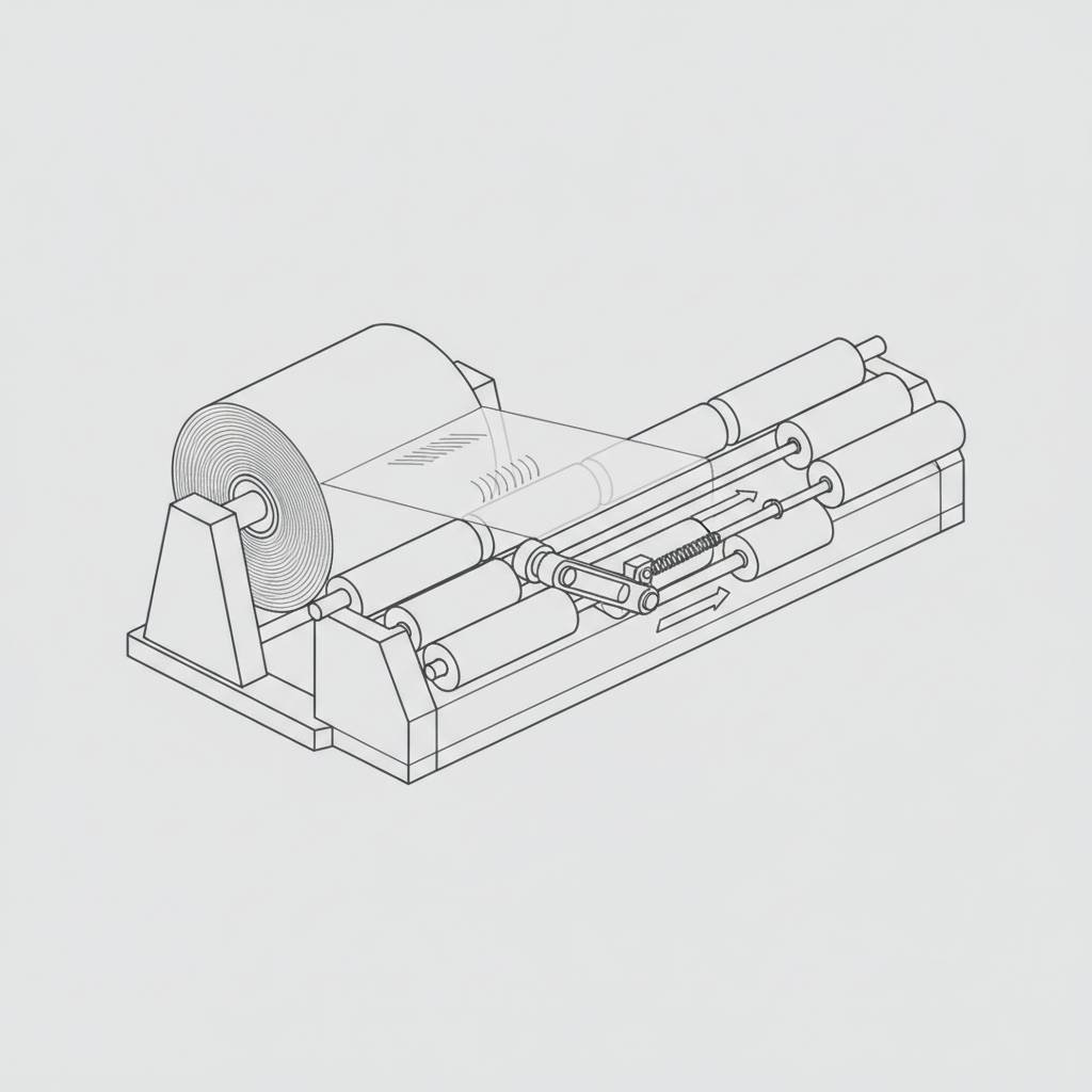 Photo of a slitting machine's web path, highlighting the idler rollers and tension control system.