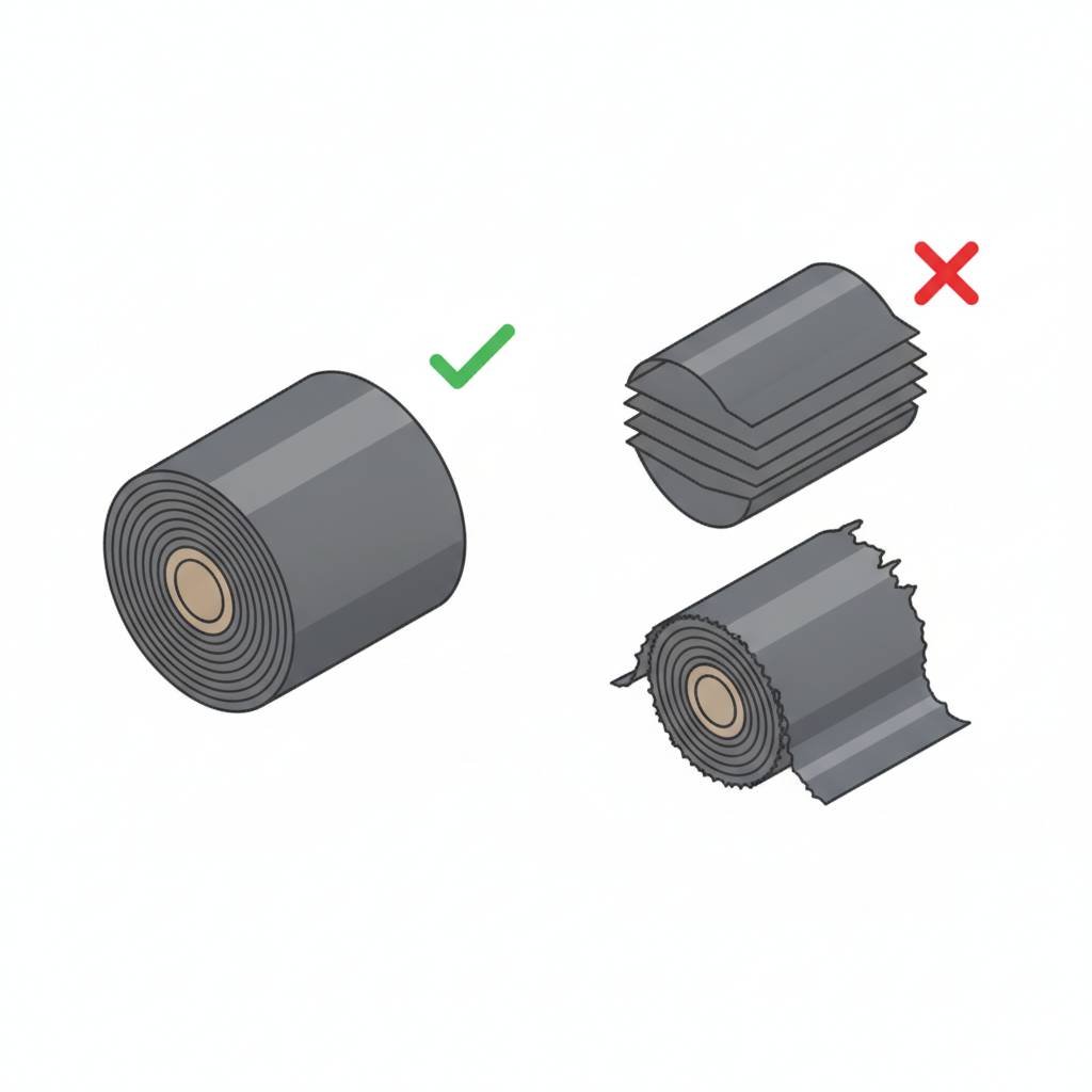 A finished slit roll with perfect edges next to one with telescoping and poor edges.