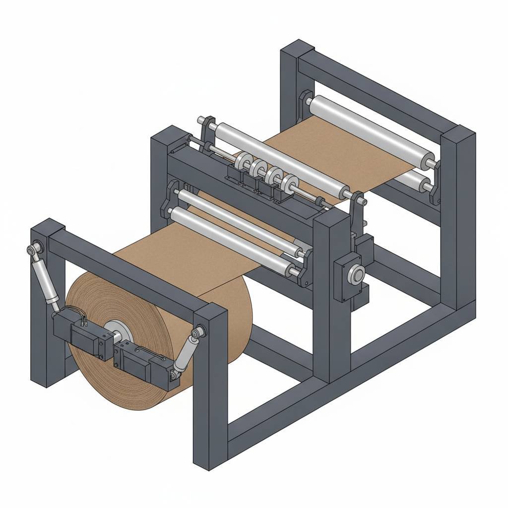 A heavy-duty slitting machine showing the robust frame and unwinding stand for a large kraft paper roll.