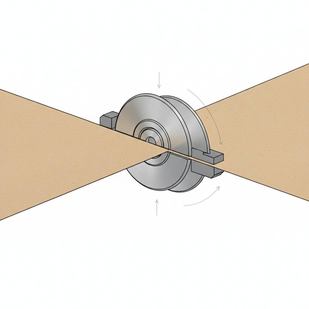 Close-up of a shear slitting system with circular blades cutting a kraft paper web, highlighting a clean edge.