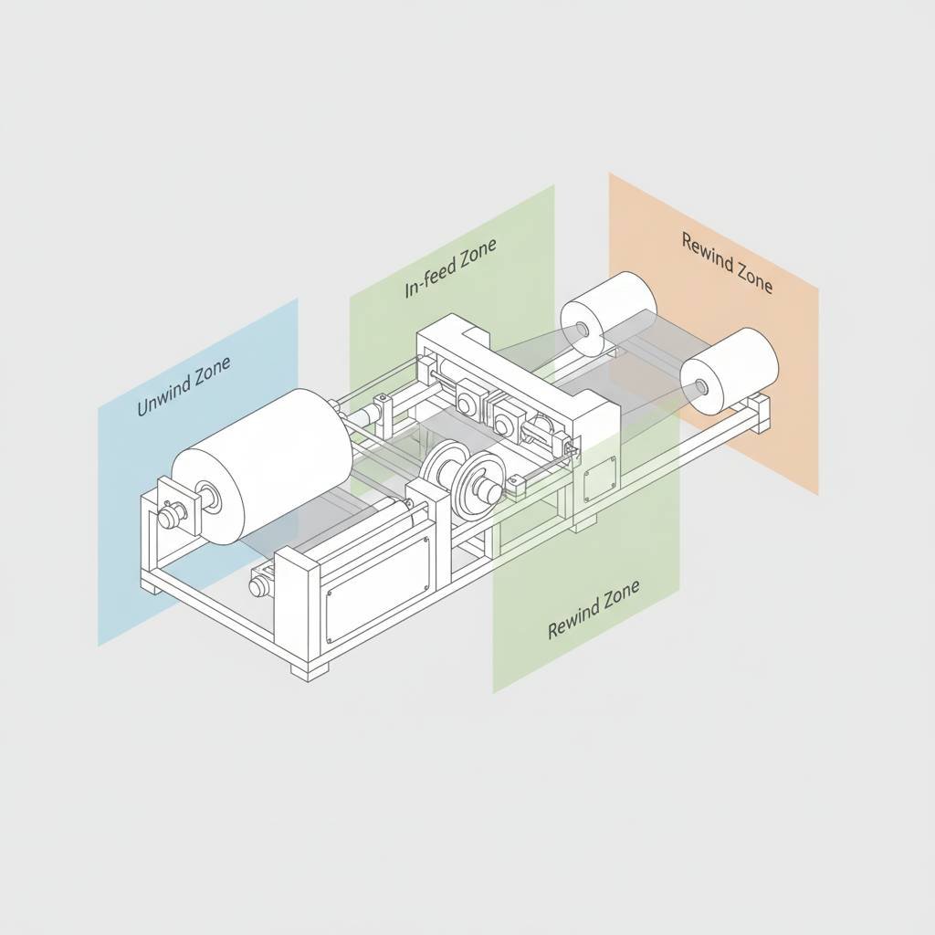 Diagram showing the unwind, in-feed, and rewind tension zones on a slitting machine.