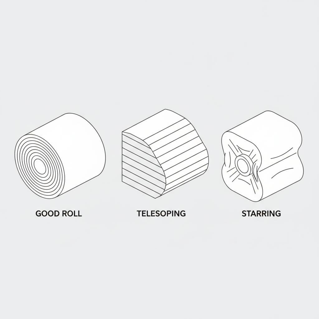 Close-up photo comparing a good, flat-faced finished roll next to a roll that is "telescoping" and another that is "starring" at the core.