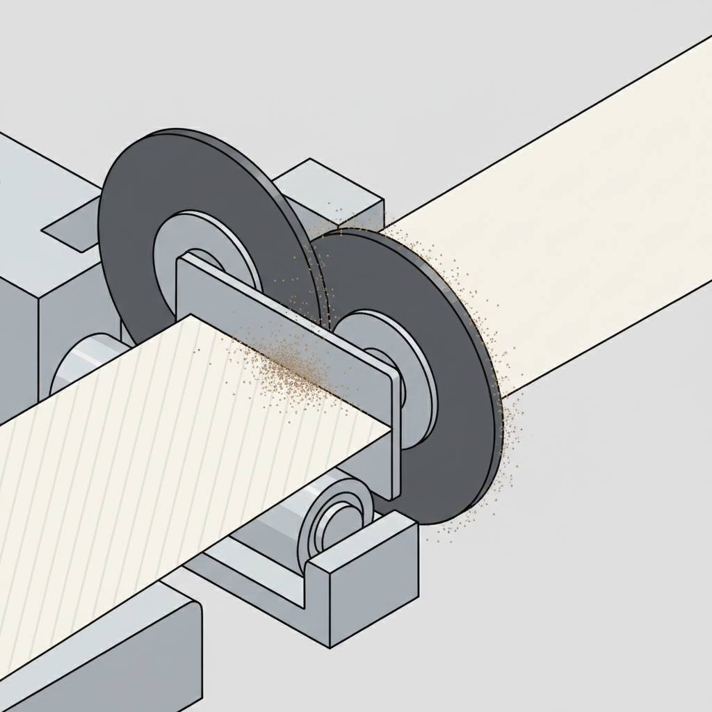 A close-up of a slitting machine's roller covered in a thick layer of paper dust.