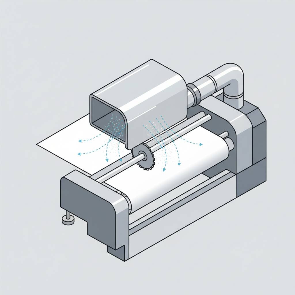 A well-designed dust extraction hood positioned directly over the slitting blades of a rewinder machine.