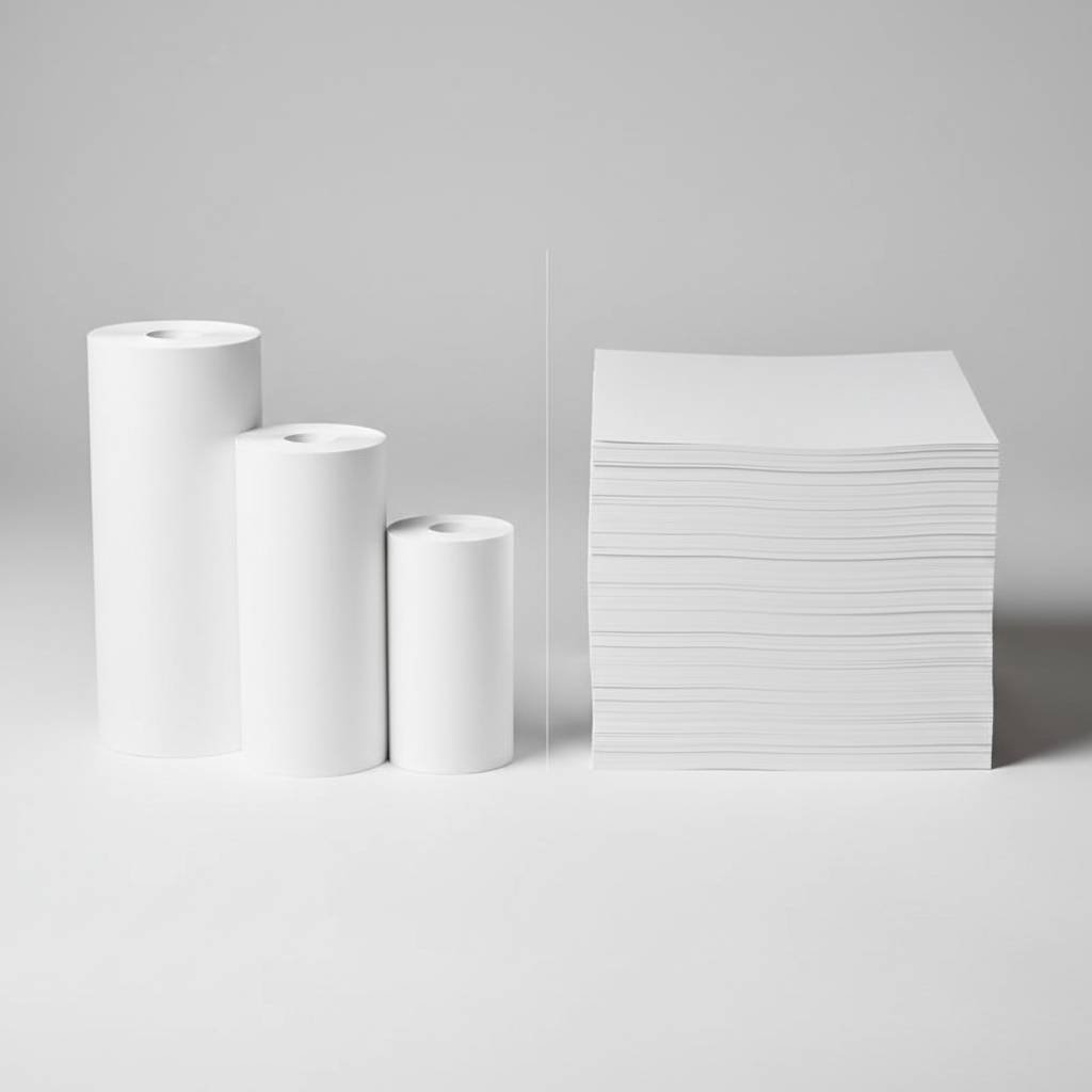 A set of narrow paper rolls next to a stack of flat paper sheets, illustrating the different outputs of slitting and sheeting machines.