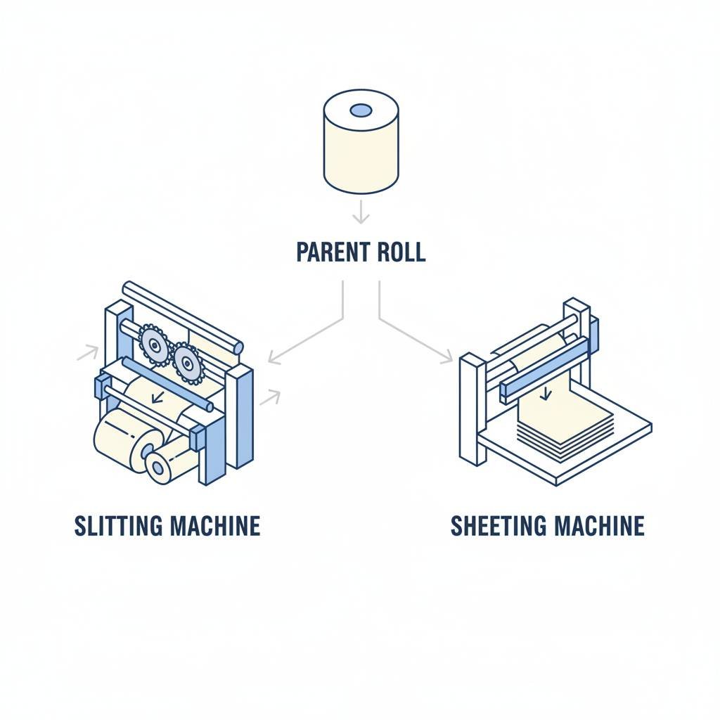 A diagram showing a large roll feeding into either a slitting machine (producing small rolls) or a sheeting machine (producing a stack of sheets).