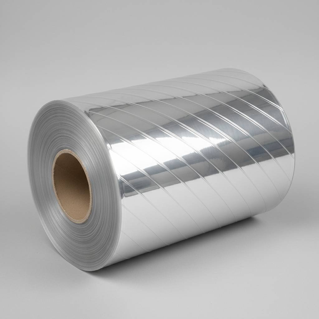 A close-up photo showing diagonal wrinkles on a finished roll of plastic film.