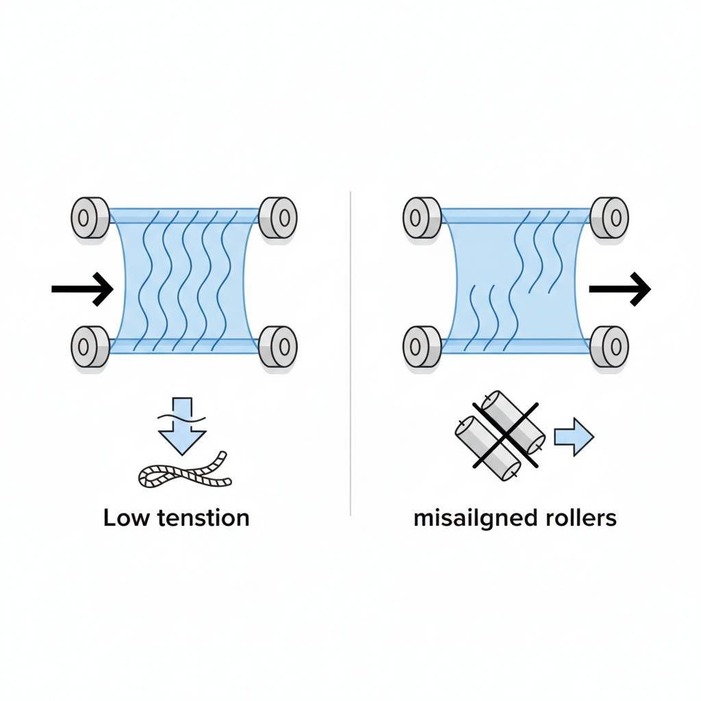 Image showing the difference between longitudinal and diagonal wrinkles on a film web