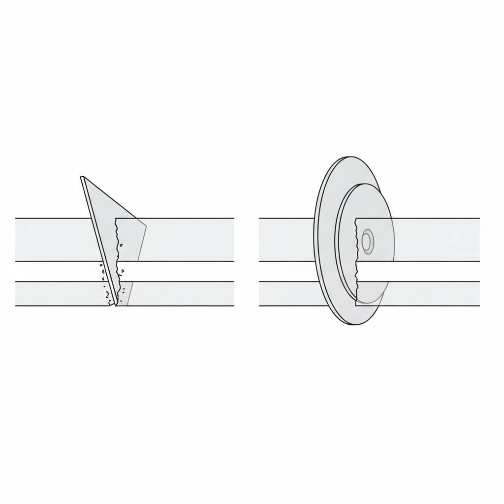 Diagram showing the difference between shear slitting and razor slitting on a laminating film.