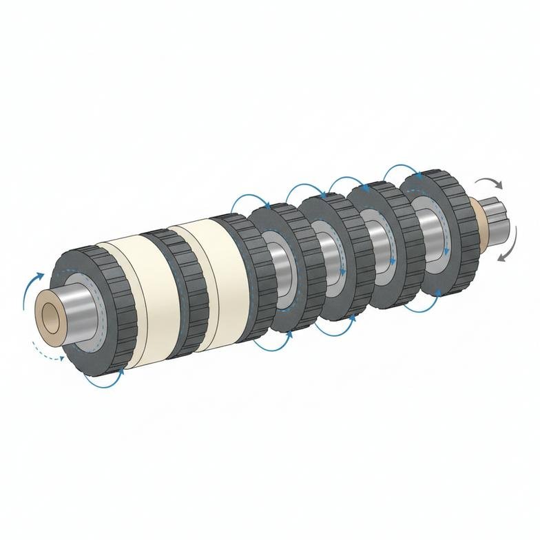 Close-up of a differential shaft on a duplex slitter rewinder showing individual friction rings