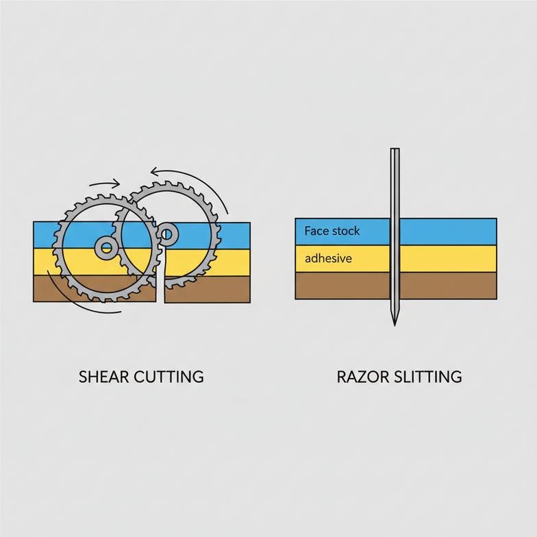 Close-up of shear blades and razor blades for slitting