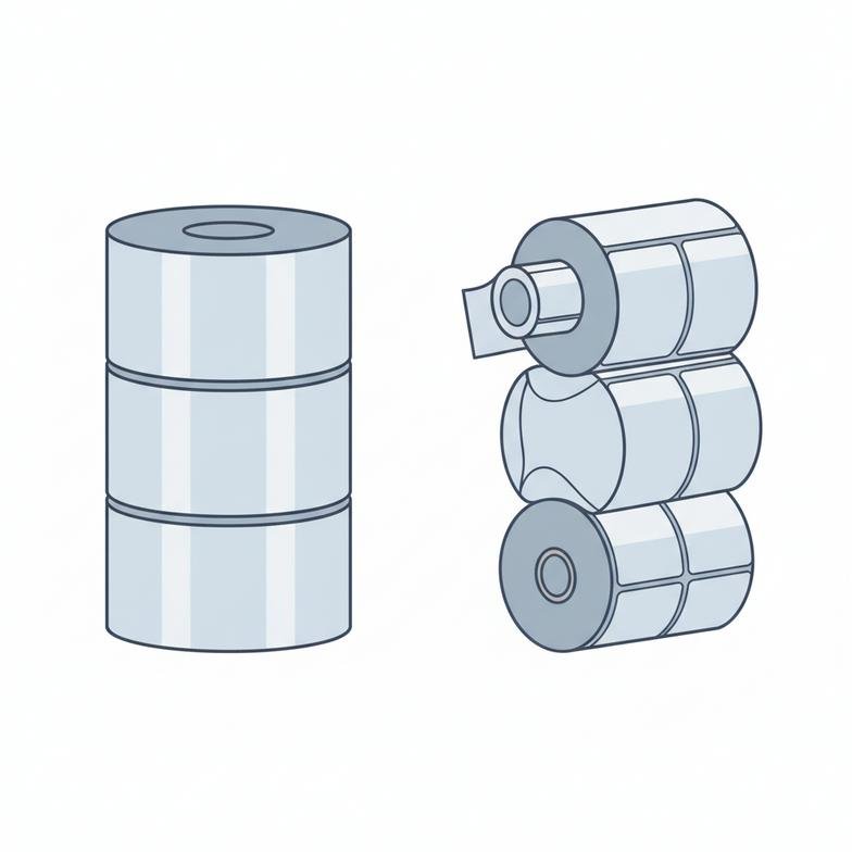 Perfectly rewound label stock rolls next to telescoped rolls