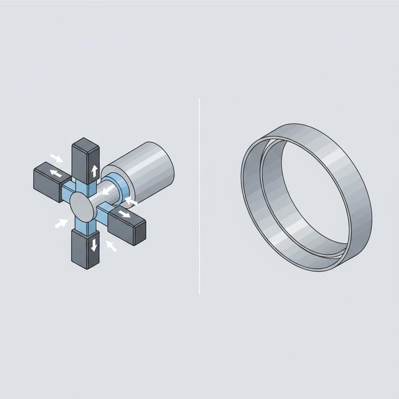 Side-by-side comparison of a lug-type slitting machine air shaft and a leaf-type air shaft, highlighting the different gripping mechanisms.