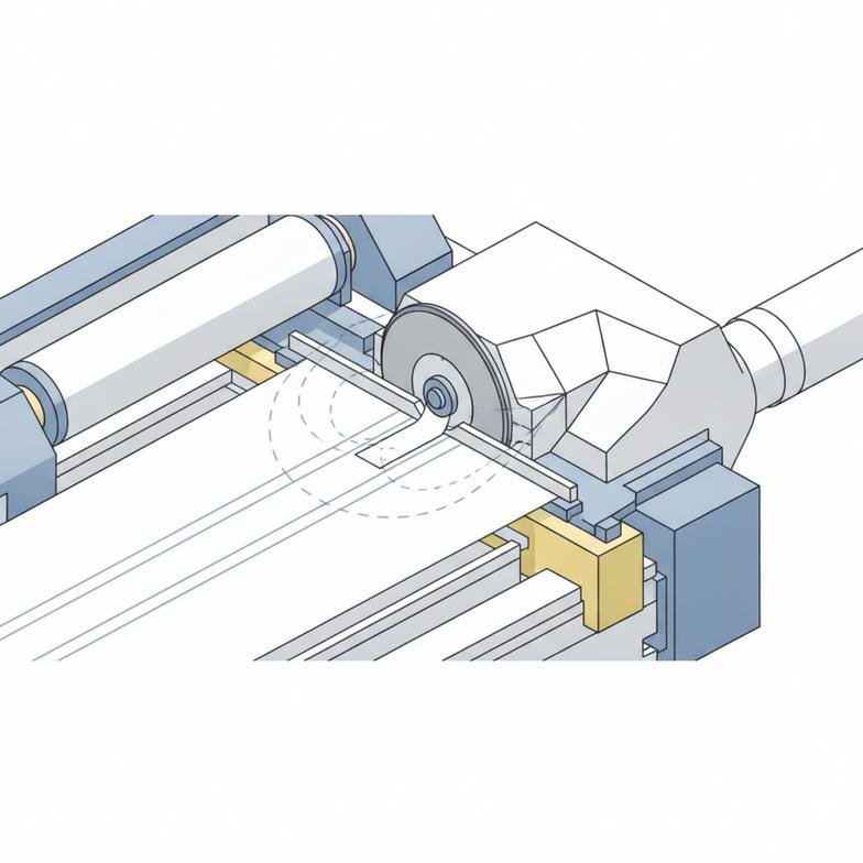 A powerful suction-based trim removal system with large ducts connected to a slitting machine.