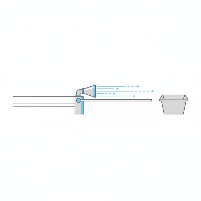 A simple blower nozzle pushing a wide trim edge into a large collection bin.