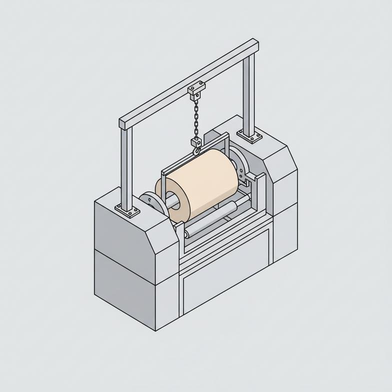 Operator carefully guiding a small roll onto a slitter rewinder with manual loading assistance