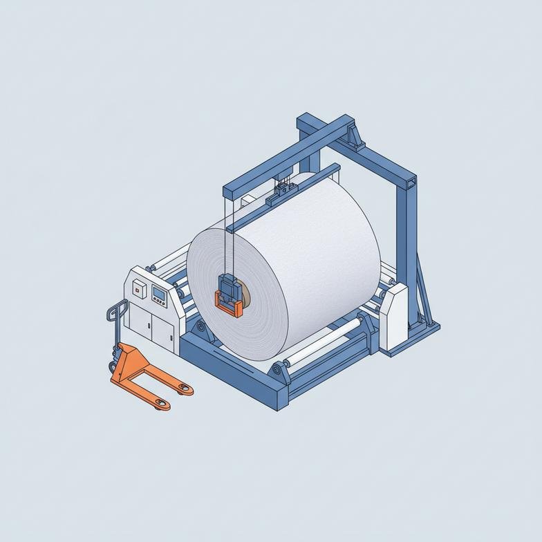 Close-up of a large-diameter non-woven material roll, highlighting the need for automatic loading on a slitter rewinder machine