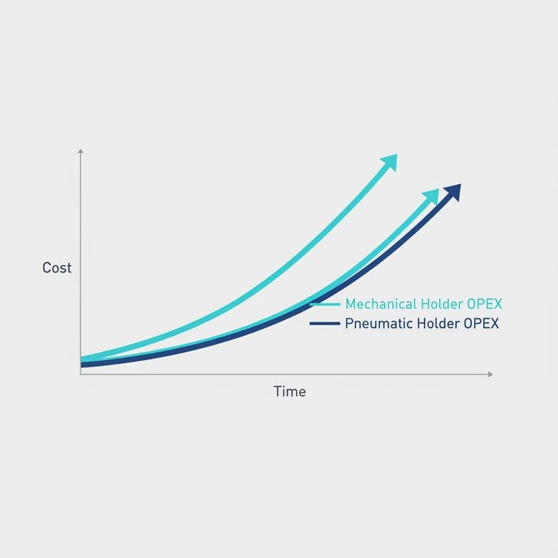 Chart comparing the total cost of ownership of a pneumatic knife vs a mechanical knife holder over five years.