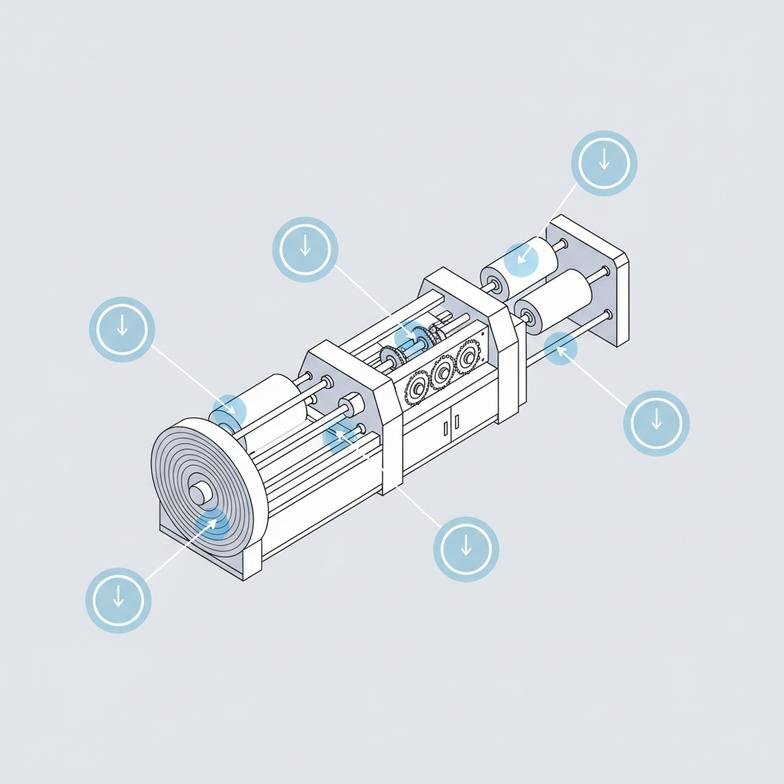 Diagram showing key checkpoints for diagnosing uneven rewinding in a slitting machine.